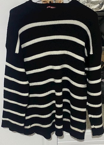 Kadın Siyah Beyaz Çizgili Triko Kazak - Görsel 2