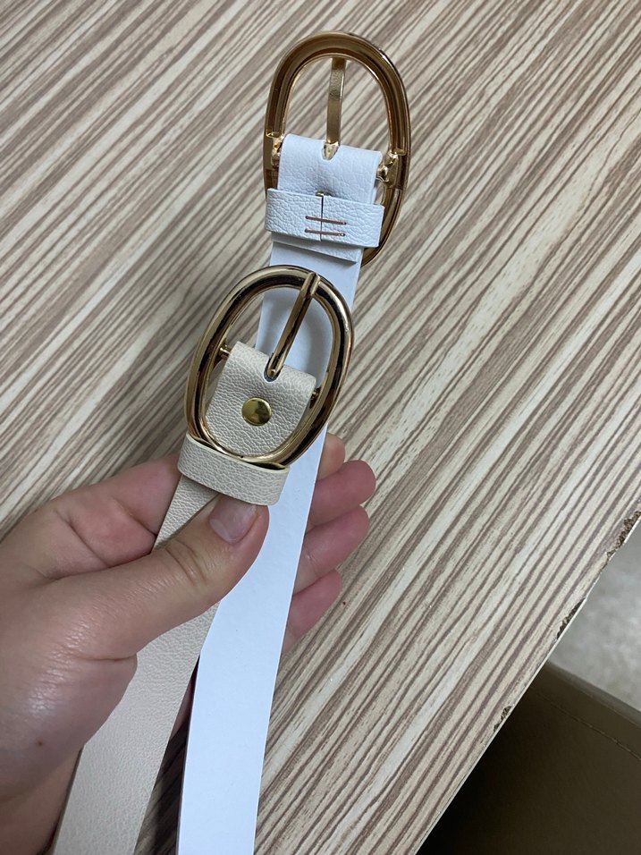 Bej ve beyaz Elastik Deri Kadın Kemer 2 li - Görsel 2