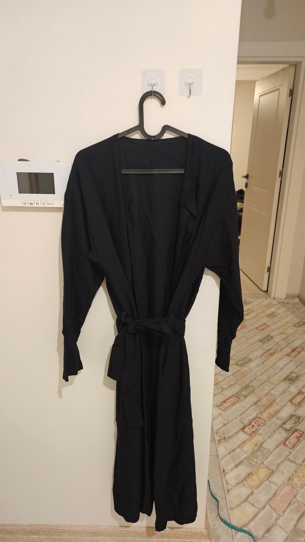  Siyah Keten Kemerli Kimono  Oversize - Görsel 2