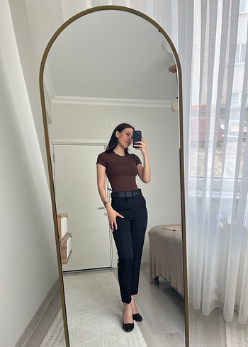 Siyah Deri Kemerli Kadın Cigarette Pantolon - Görsel 2