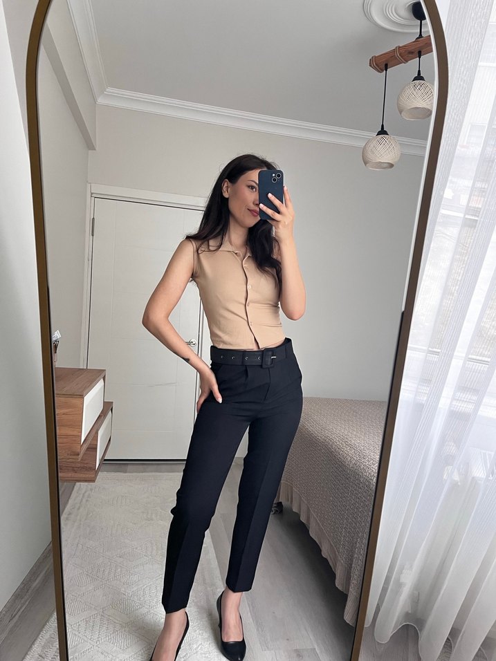 Siyah Deri Kemerli Kadın Cigarette Pantolon - Görsel 4