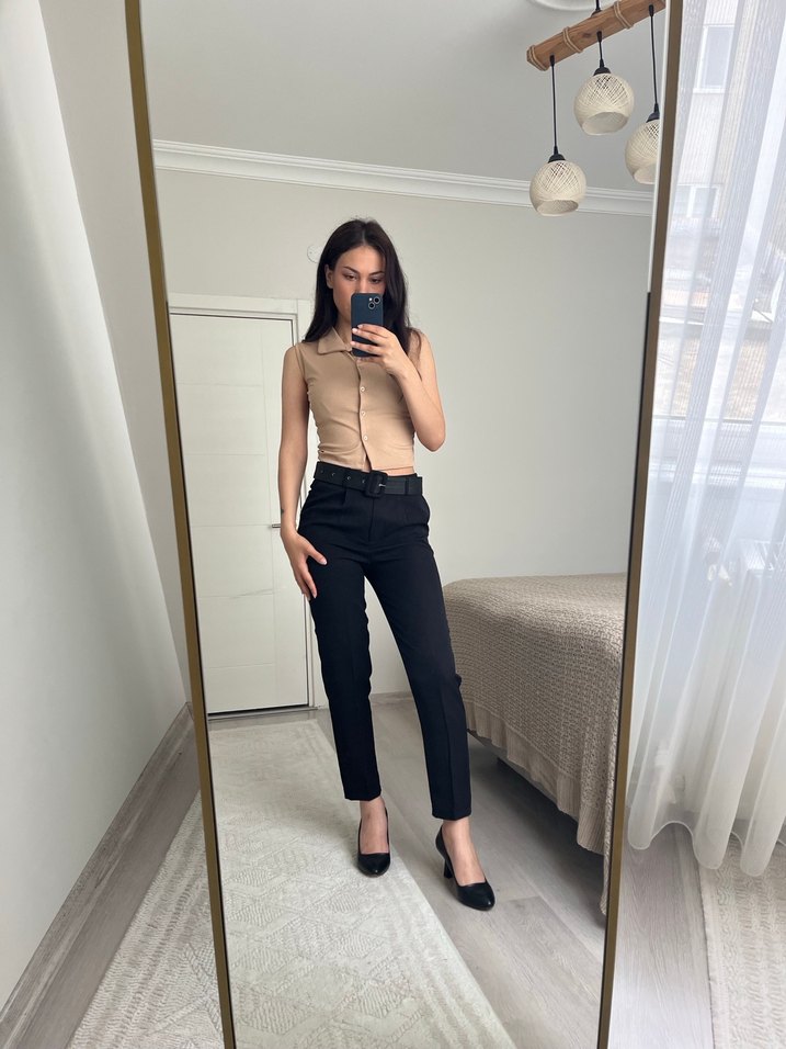 Siyah Deri Kemerli Kadın Cigarette Pantolon - Görsel 3