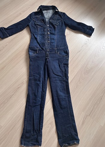 Düğmeli Lacivert Denim Tulum