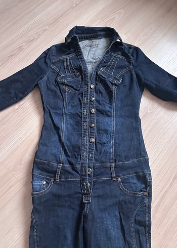 m Beden Düğmeli Lacivert Denim Tulum