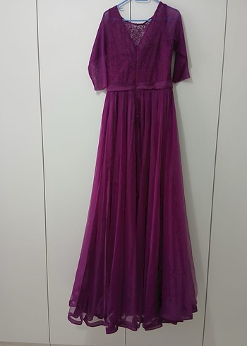 Mor Uzun V Yakalı Kadın Abiye Elbise - Görsel 4