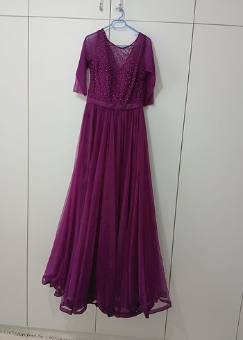 Mor Uzun V Yakalı Kadın Abiye Elbise - Görsel 2