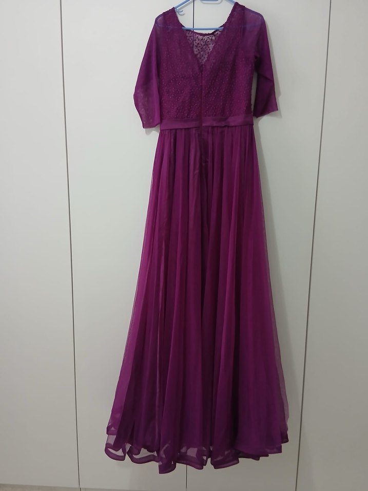 Mor Uzun V Yakalı Kadın Abiye Elbise - Görsel 4