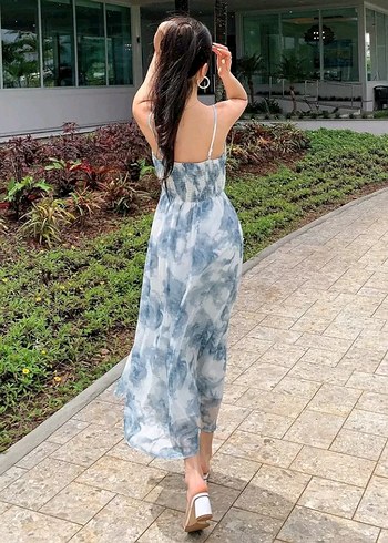 Diğer Mavi Pastel Batik Desenli Uzun Askılı Elbise