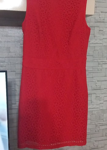 Kırmızı Dantel Detaylı Midi Elbise - Görsel 2