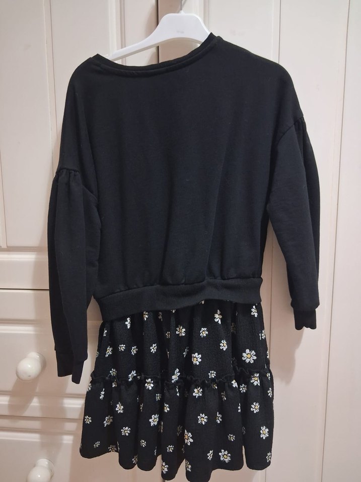 Kız Çocuk Siyah Baskılı Uzun Kollu Elbise - Görsel 2