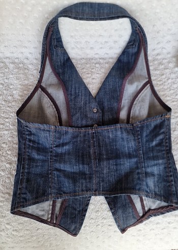 Düğmeli Kolsuz Mavi Denim Yelek - Görsel 7