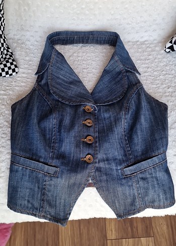 Düğmeli Kolsuz Mavi Denim Yelek - Görsel 5