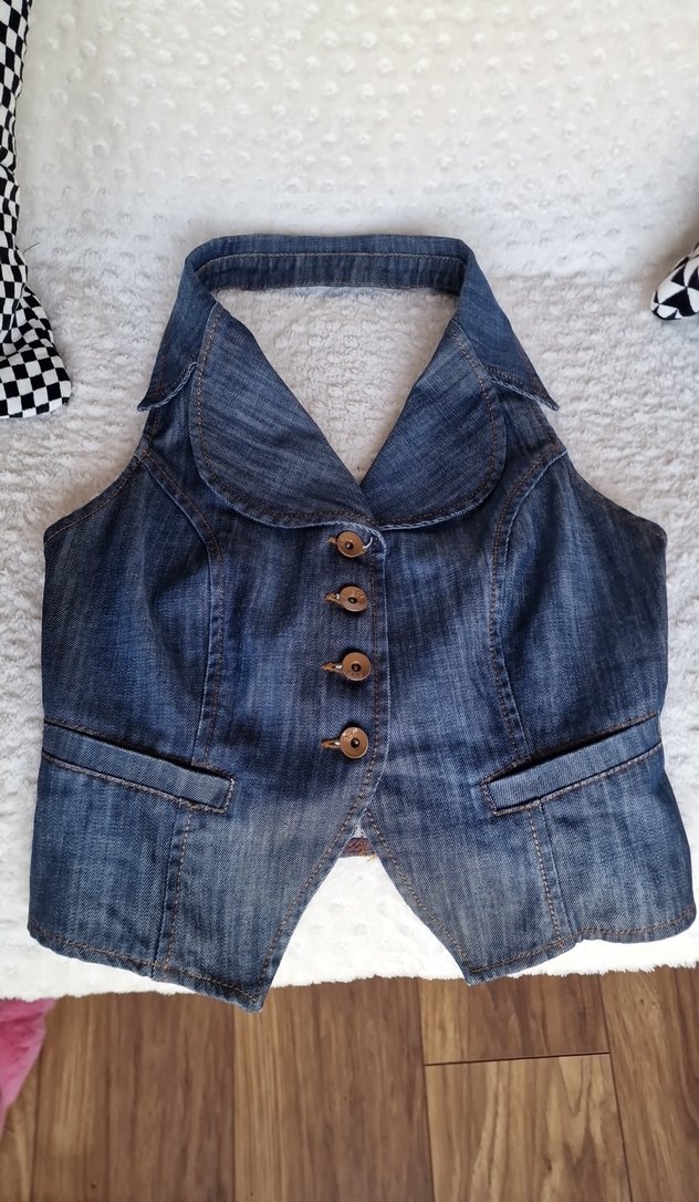 Düğmeli Kolsuz Mavi Denim Yelek - Görsel 5