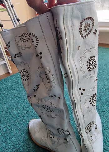 Beyaz hakiki deri dantel düz taban Kadın yazlık bot - Görsel 7