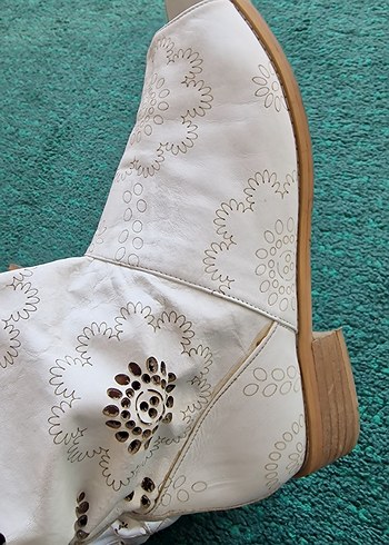 Beyaz hakiki deri dantel düz taban Kadın yazlık bot - Görsel 8