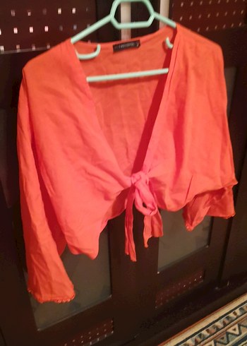 Kırmızı V Yaka Keten Kadın Bluz - Görsel 2