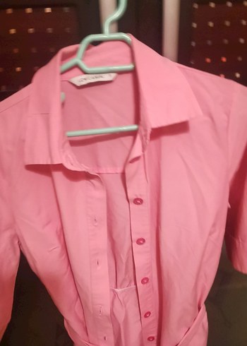 Pembe. yarim Kollu Düğmeli Kadın elbise - Görsel 2