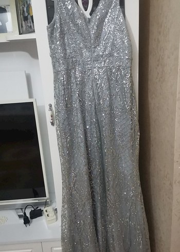 Gri Payetli Uzun   nişan Abiye Elbisesi - Görsel 5
