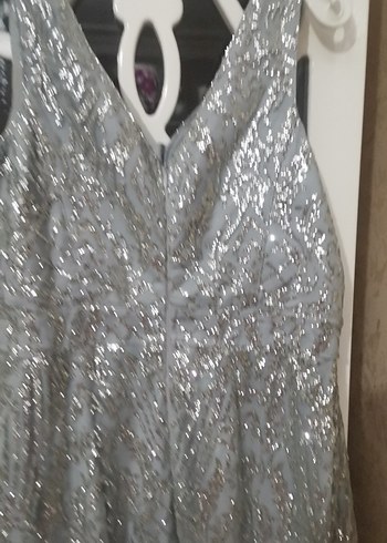 Gri Payetli Uzun   nişan Abiye Elbisesi - Görsel 6