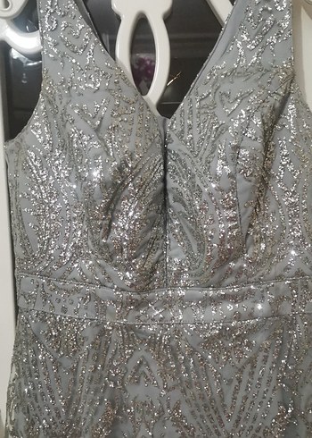 Gri Payetli Uzun   nişan Abiye Elbisesi - Görsel 2