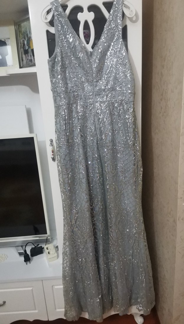 Gri Payetli Uzun   nişan Abiye Elbisesi - Görsel 5