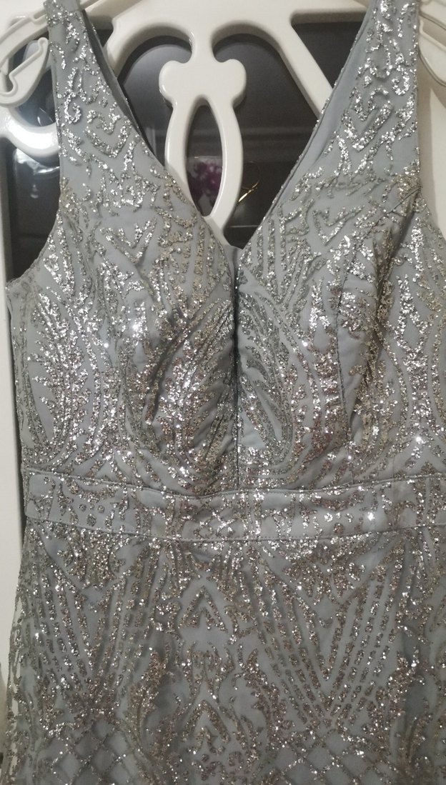Gri Payetli Uzun   nişan Abiye Elbisesi - Görsel 2