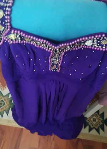 Boncuk İşlemeli Mor Uzun Abiye Elbise - Görsel 4