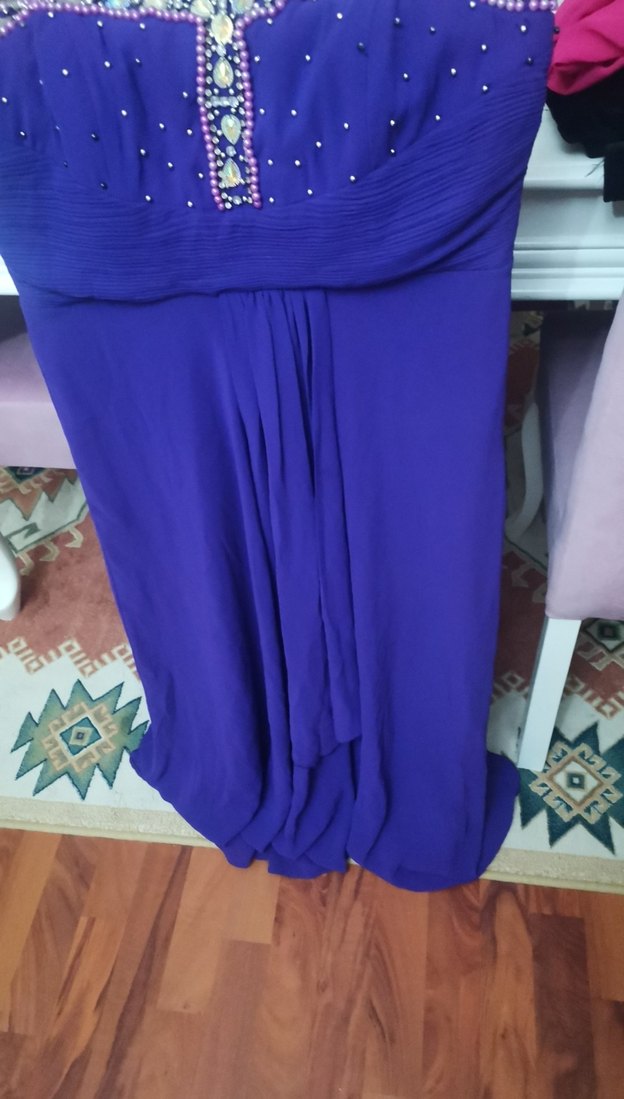 Boncuk İşlemeli Mor Uzun Abiye Elbise - Görsel 3