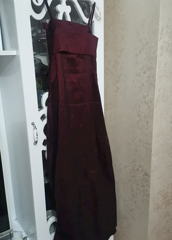 Bordo Uzun Drapeli Straplez Abiye Elbise - Görsel 6