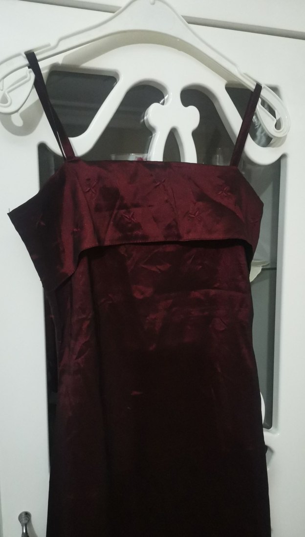 Bordo Uzun Drapeli Straplez Abiye Elbise - Görsel 2