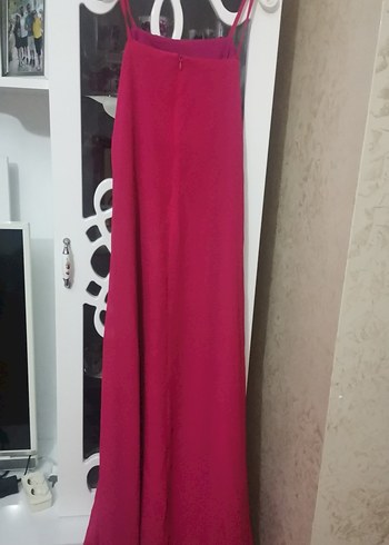 Pembe Straplez Uzun Drapeli Kadın Abiye Elbise - Görsel 4