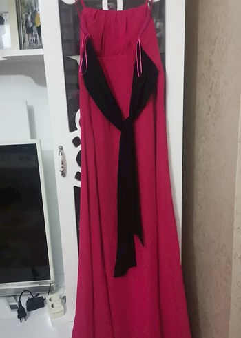 Pembe Straplez Uzun Drapeli Kadın Abiye Elbise - Görsel 3