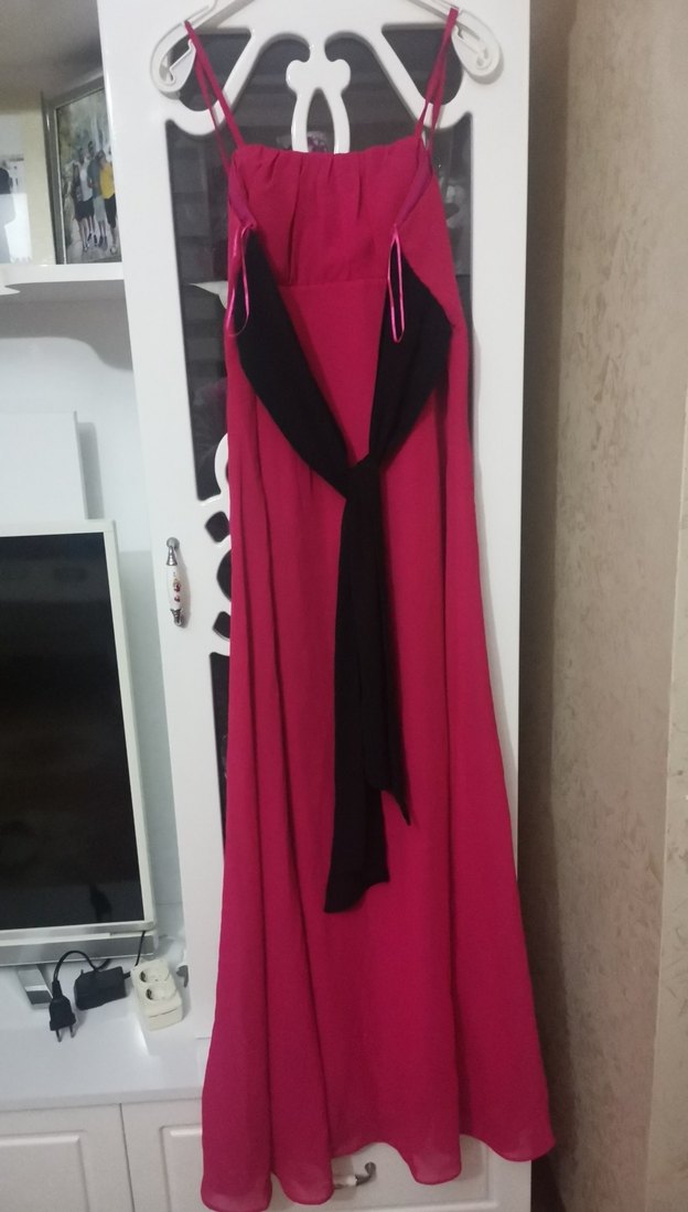 Pembe Straplez Uzun Drapeli Kadın Abiye Elbise - Görsel 3