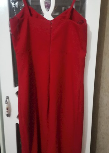 Kırmızı Uzun Abiye Elbise, Yırtmaçlı, Askılı - Görsel 5