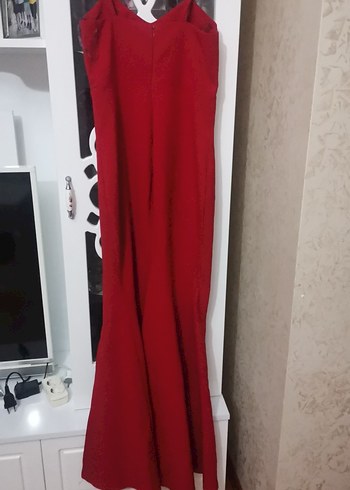Kırmızı Uzun Abiye Elbise, Yırtmaçlı, Askılı - Görsel 4