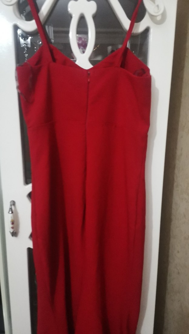 Kırmızı Uzun Abiye Elbise, Yırtmaçlı, Askılı - Görsel 5