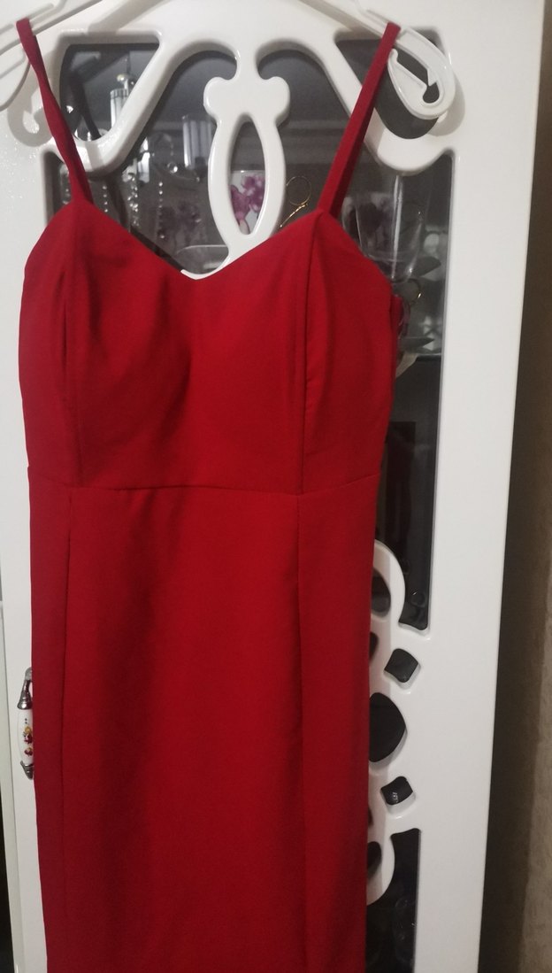 Kırmızı Uzun Abiye Elbise, Yırtmaçlı, Askılı - Görsel 2