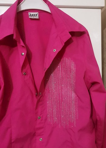 Düğmeli, Parlak Pembe Uzun Kollu Kadın Gömlek - Görsel 2