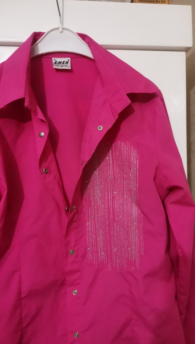 Düğmeli, Parlak Pembe Uzun Kollu Kadın Gömlek - Görsel 2