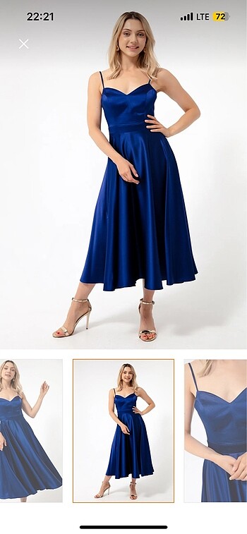 Saten lacivert midi elbise - Görsel 3