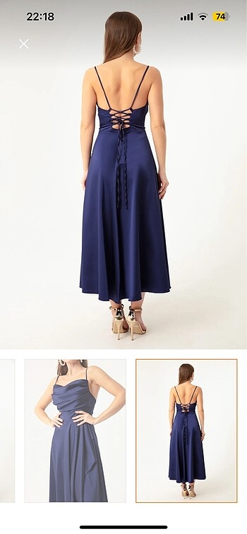 Saten lacivert midi elbise - Görsel 4