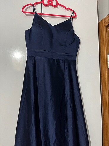 Saten lacivert midi elbise - Görsel 7