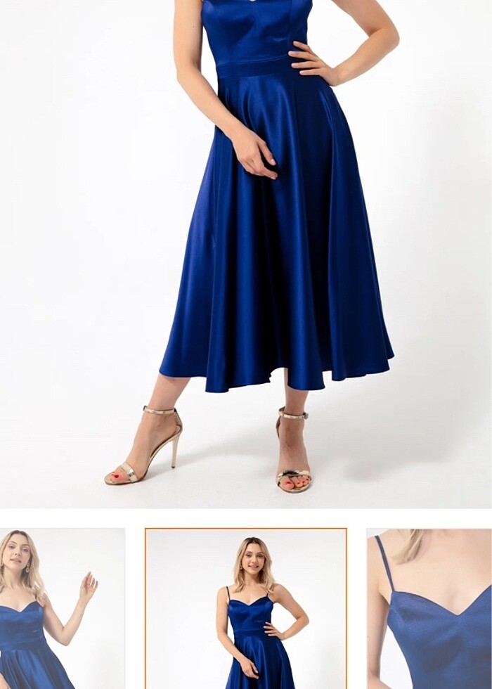 Saten lacivert midi elbise - Görsel 3