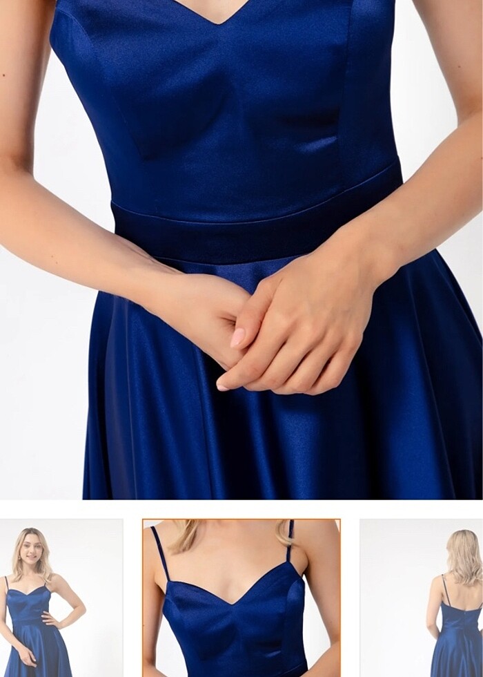 Saten lacivert midi elbise - Görsel 2