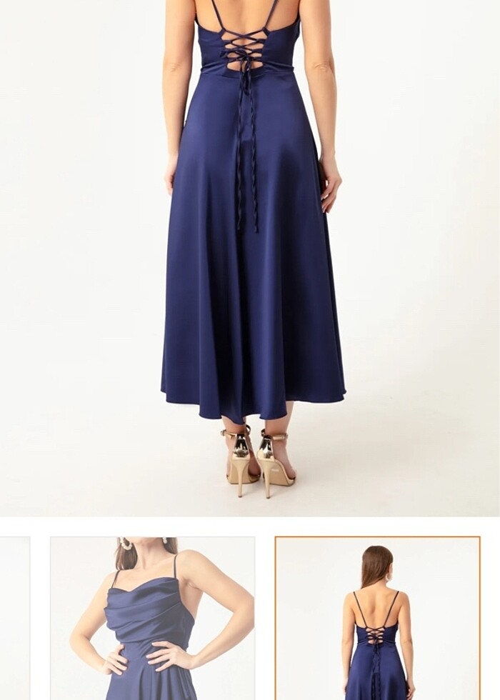 Saten lacivert midi elbise - Görsel 4