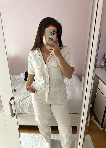 l Beden Düğmeli Beyaz Kadın Tulum