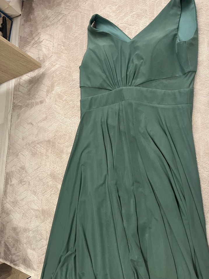 Yeşil V Yakalı Midi Drapeli Elbise - Görsel 2