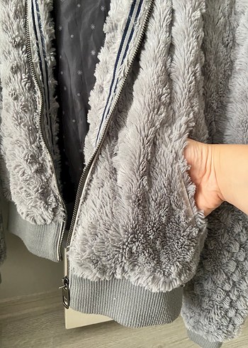Gri Peluş Kadın Ceket Kapüşonlu LTB - Görsel 3