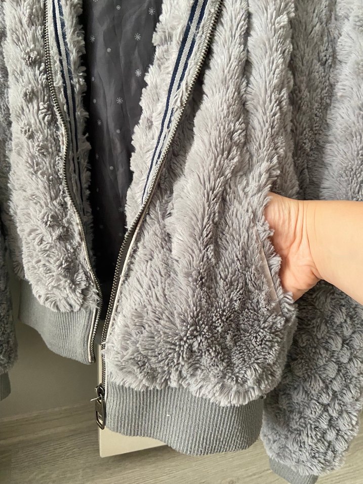 Gri Peluş Kadın Ceket Kapüşonlu LTB - Görsel 3