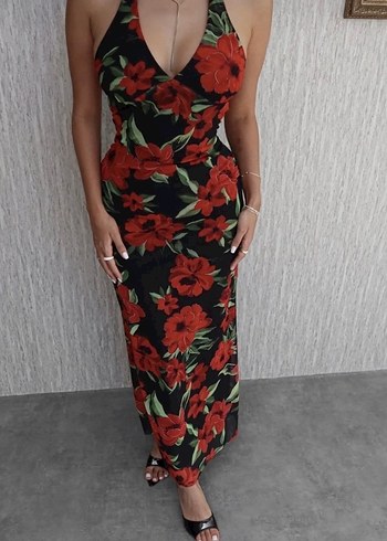 Çiçek Desenli Kırmızı Uzun Drapeli Elbise - Görsel 3